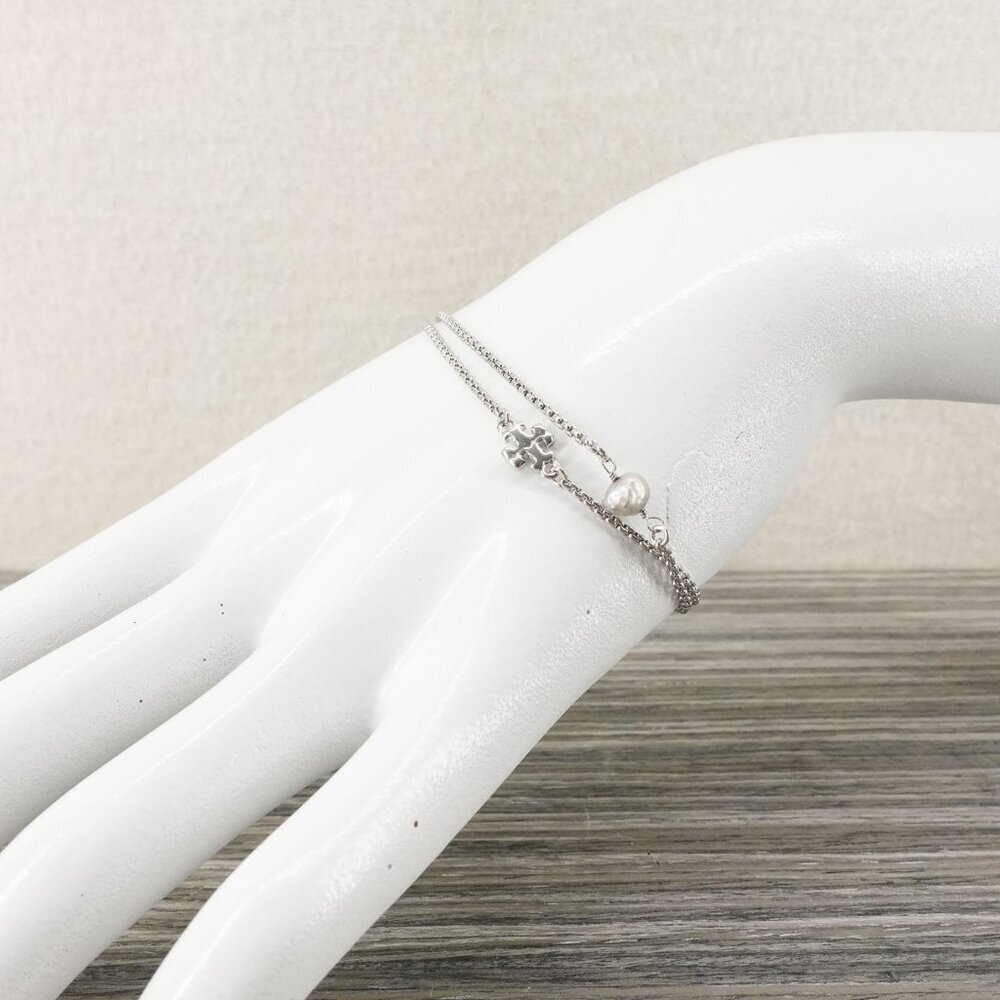 Tory Burch Logo Pearl Slider Adjustable Bracelet Silver OS - Picture 6 of 12